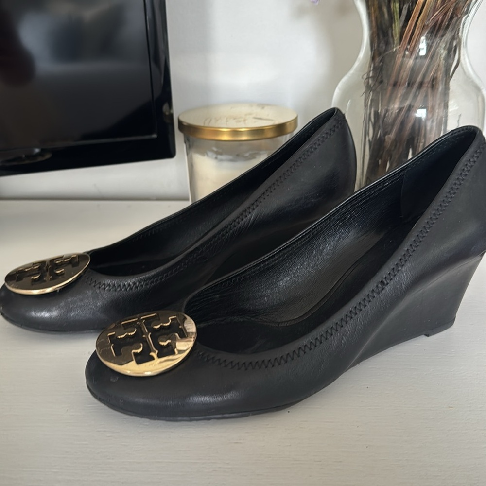 Black Wedge Shoes with Gold Accent